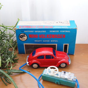 1960s Vintage BANDAI Metal Red MINI-VOLKSWAGEN Battery Operated Remote Control Car Toy. Model 7653.
