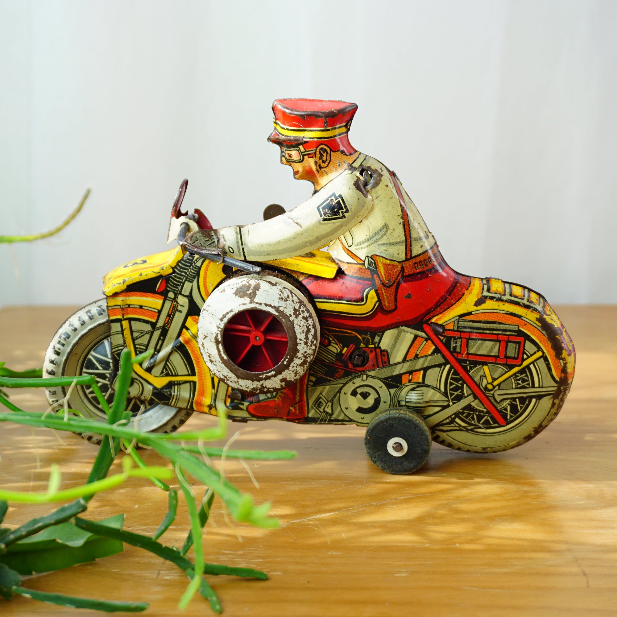 1940s Vintage Tin Litho MARX Windup Rookie Police Siren Motorcycle with Siren. Made in USA.