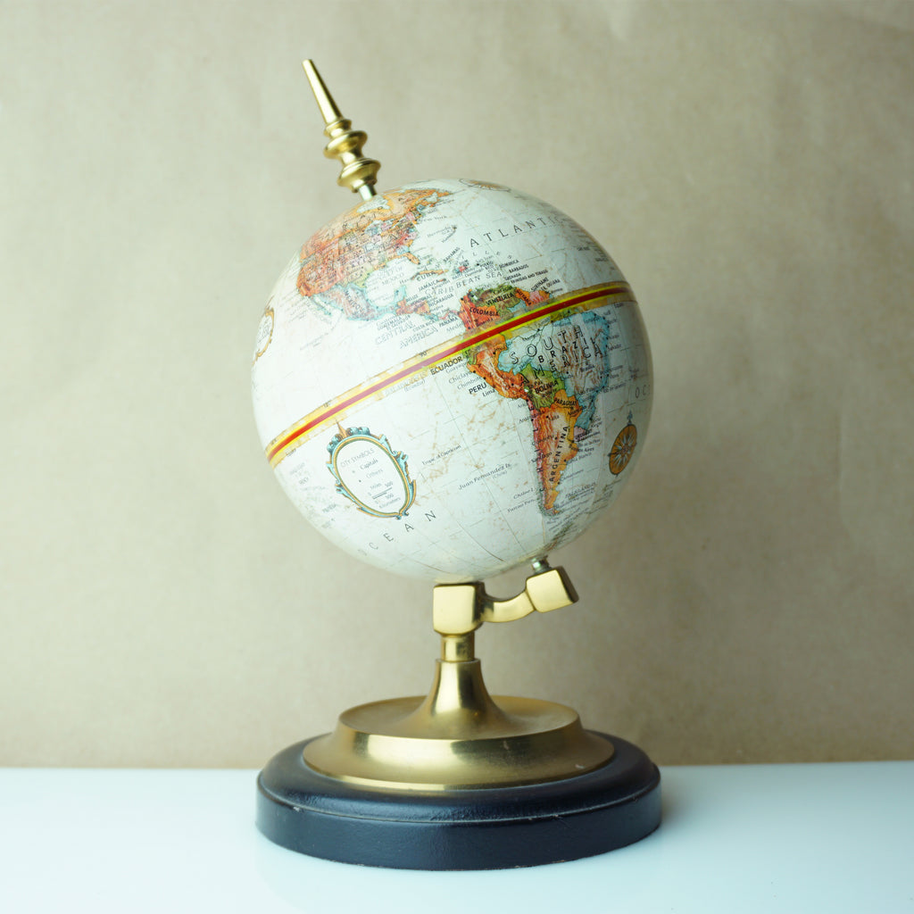 Vintage 9" Replogle World Classic Series Globe. Gold Toned with Black Wood Base. Made in USA.