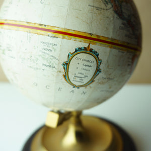Vintage 9" Replogle World Classic Series Globe. Gold Toned with Black Wood Base. Made in USA.
