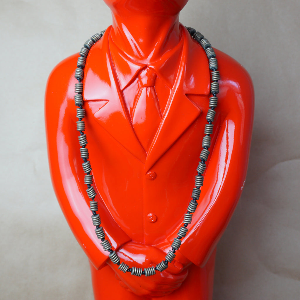1980s Vintage Metal Beads and Leather Long Necklace