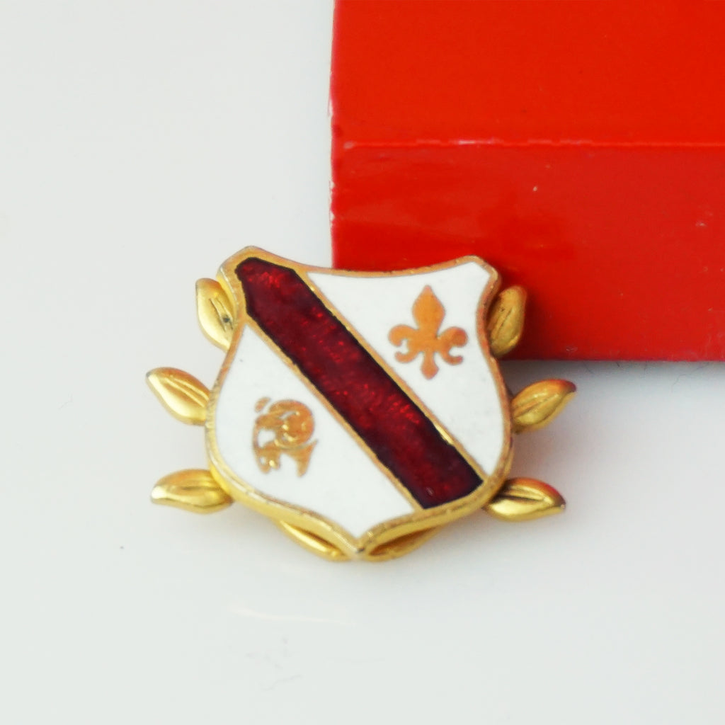 1980s Vintage Red, White, and Gold Enameled Crest Brooch