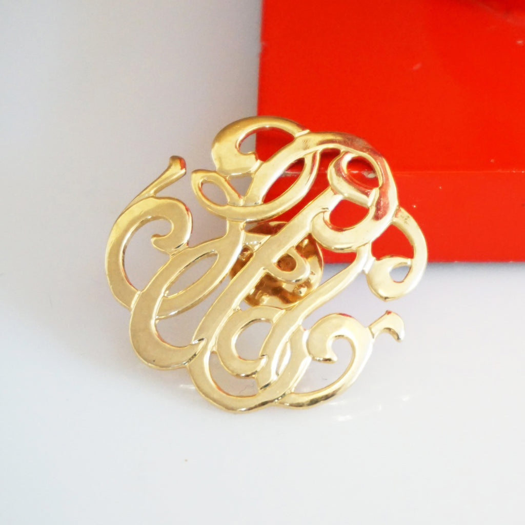 1980s Vintage Gold-tone Metal Monogram Script Pin