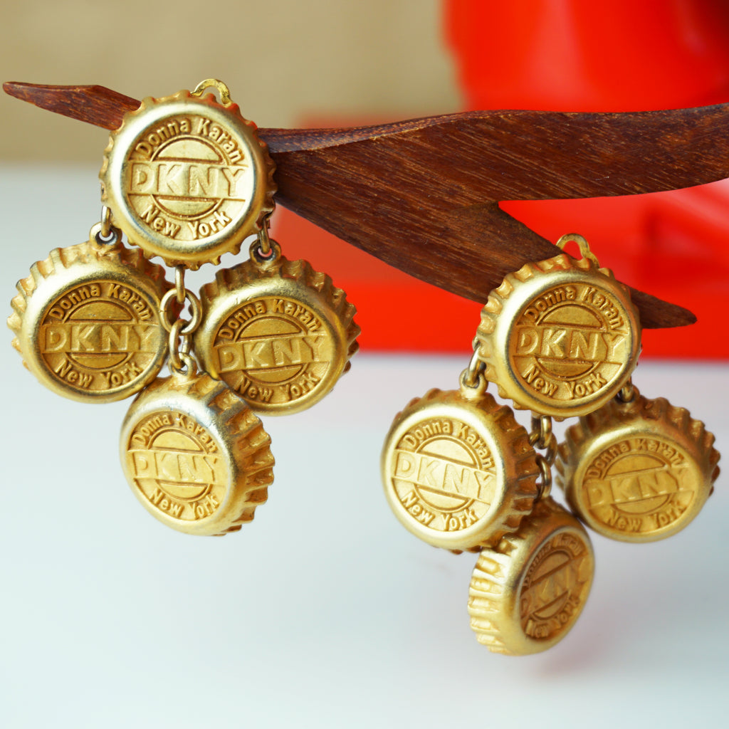 1980s Vintage DKNY Donna Karan Gold Tone Bottle Cap Clip-on Earrings