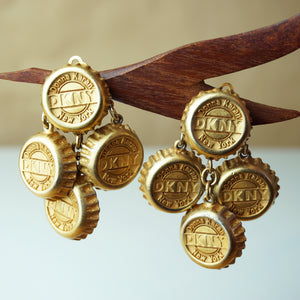 1980s Vintage DKNY Donna Karan Gold Tone Bottle Cap Clip-on Earrings