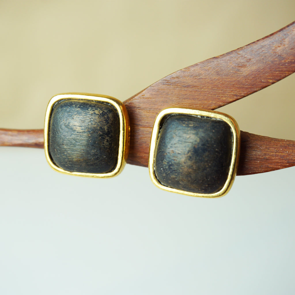1980s Vintage DKNY Gold Tone & Black Wood Statement Clip-on Earrings