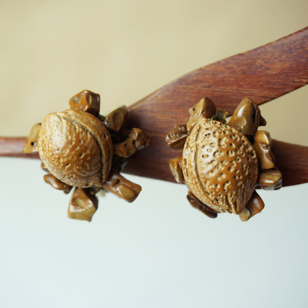 1980s Vintage GOGO Apricot Pit Special Shaped Beaded Clip-on Earrings. Made in Japan.