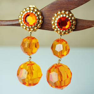 1980s Vintage Gorgeous Orange and Gold Tone Dangle Crystal Bead Clip-on Earrings