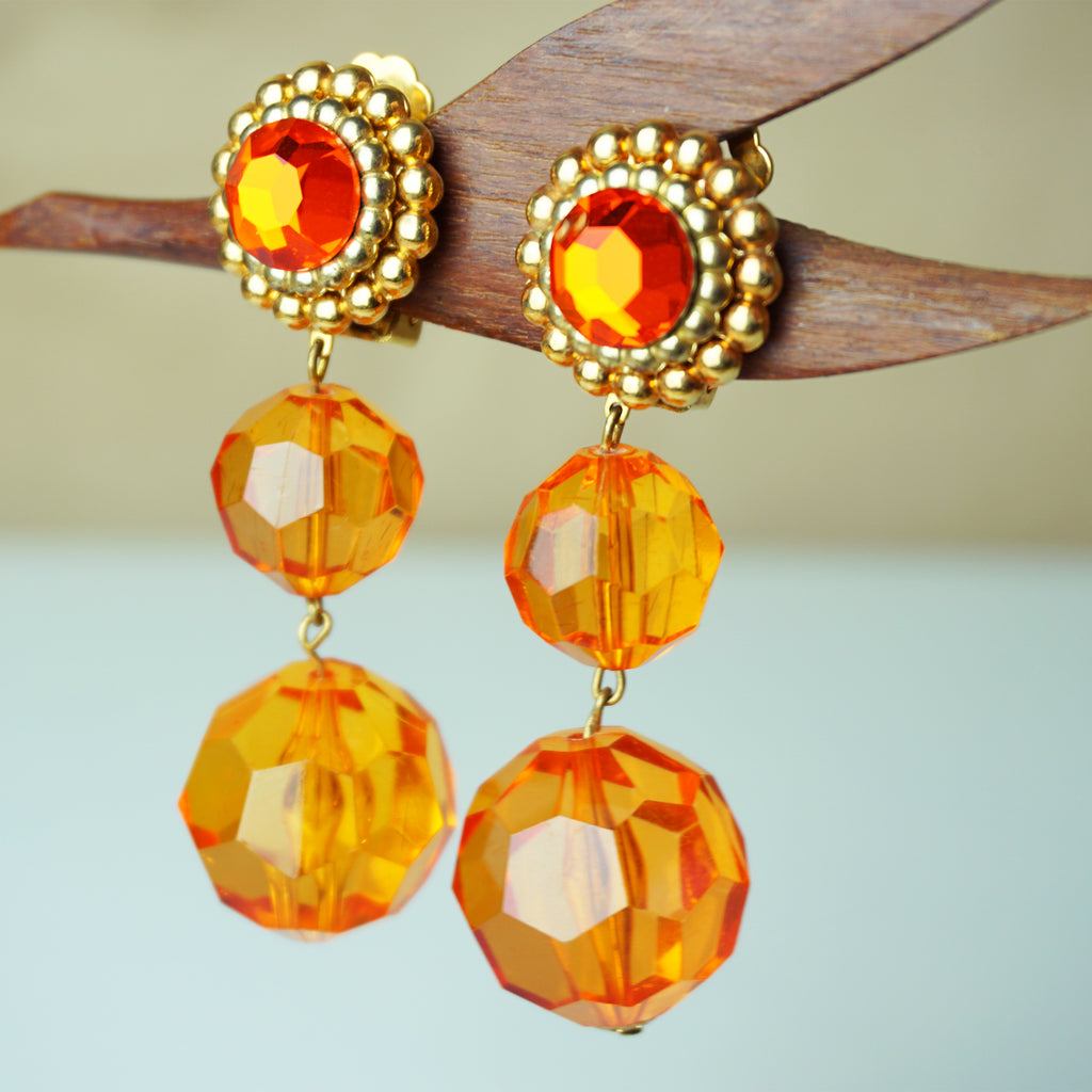 1980s Vintage Gorgeous Orange and Gold Tone Dangle Crystal Bead Clip-on Earrings