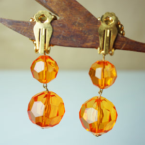 1980s Vintage Gorgeous Orange and Gold Tone Dangle Crystal Bead Clip-on Earrings