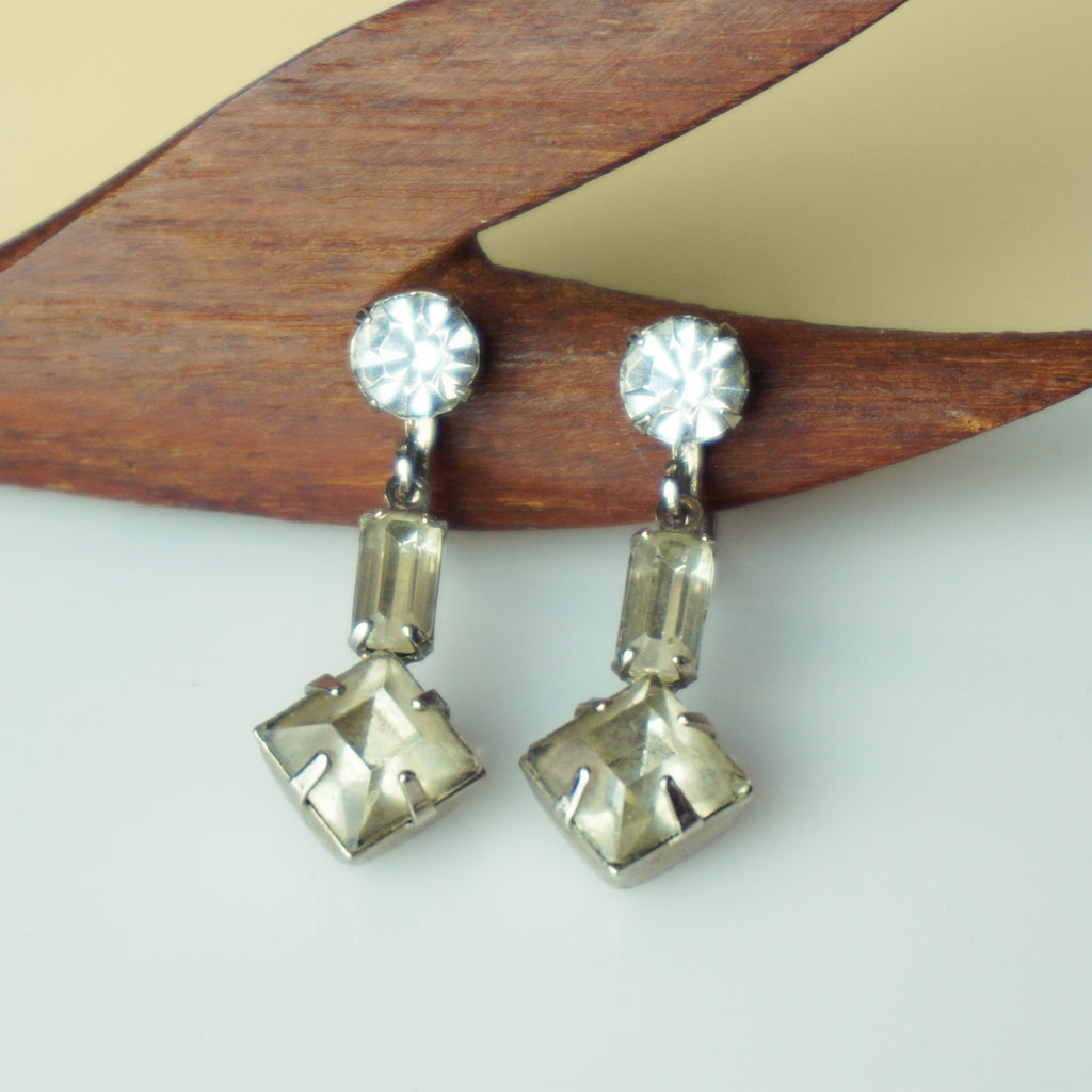 1980s Vintage Art Deco Crystal 1.25" Screw-Back Non-Pierced Earrings