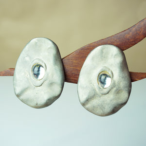 1980s Vintage DKNY Oval Shape Chunky Silver Tone Clip-on Earrings with Crystal