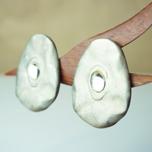 1980s Vintage DKNY Oval Shape Chunky Silver Tone Clip-on Earrings with Crystal