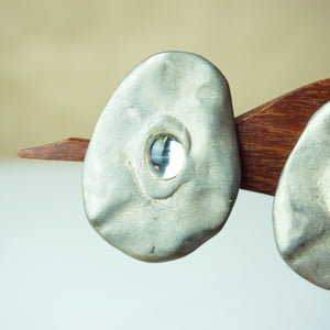 1980s Vintage DKNY Oval Shape Chunky Silver Tone Clip-on Earrings with Crystal