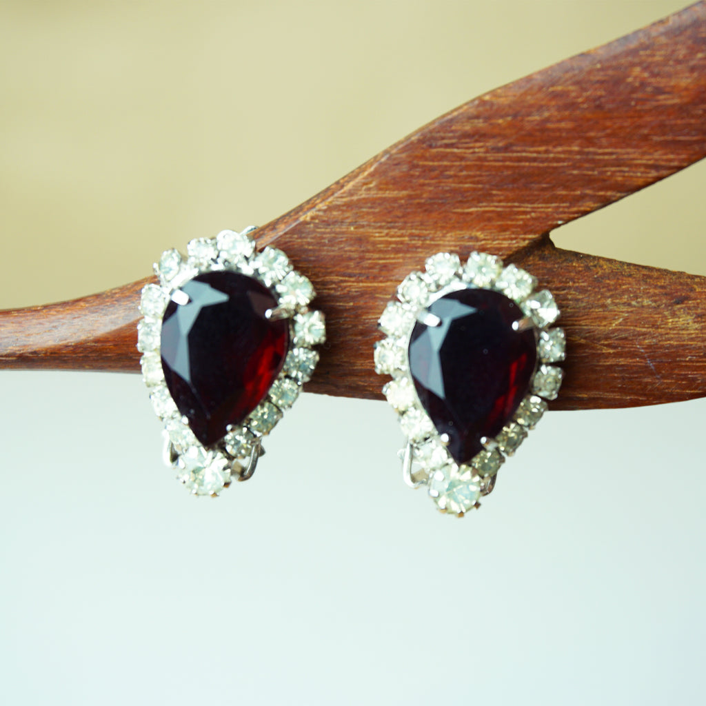 1980s Vintage Garnet Colored Teardrop Stone Surrounded w/ Pave Clip-on Earrings