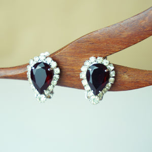 1980s Vintage Garnet Colored Teardrop Stone Surrounded w/ Pave Clip-on Earrings