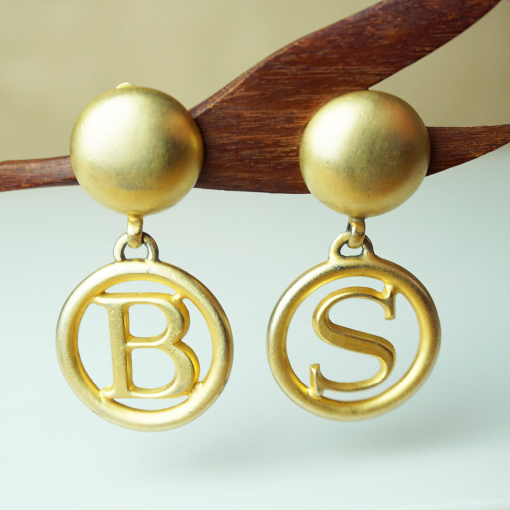1980s Vintage BEN-AMUN Gold Tone Initial 'B' & 'S' ie Bullshit Clip-on Drop Earrings