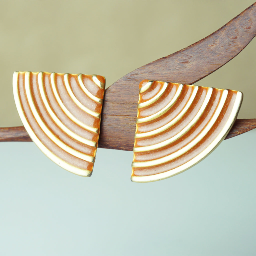 1980s Vintage Art Deco Ribbed Gold Tone with Orange 1.25" Clip-on Earrings