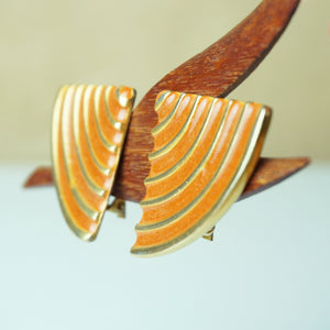 1980s Vintage Art Deco Ribbed Gold Tone with Orange 1.25" Clip-on Earrings