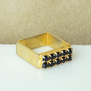 1980s Vintage Art Deco Black Stone Square Gold Tone Signet Ring. 5/8" Across.