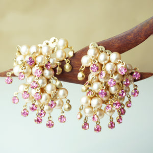 1980s Vintage PAT PEND Pearl-like and Pink Stone Ear Climber Clip-on Earrings