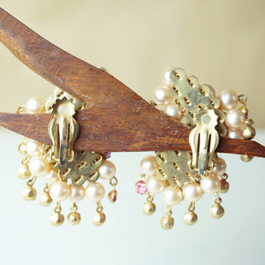1980s Vintage PAT PEND Pearl-like and Pink Stone Ear Climber Clip-on Earrings
