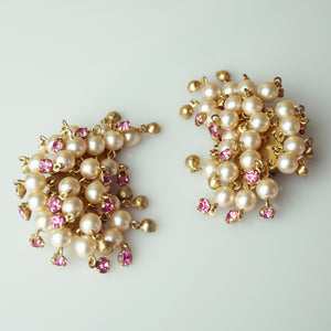 1980s Vintage PAT PEND Pearl-like and Pink Stone Ear Climber Clip-on Earrings