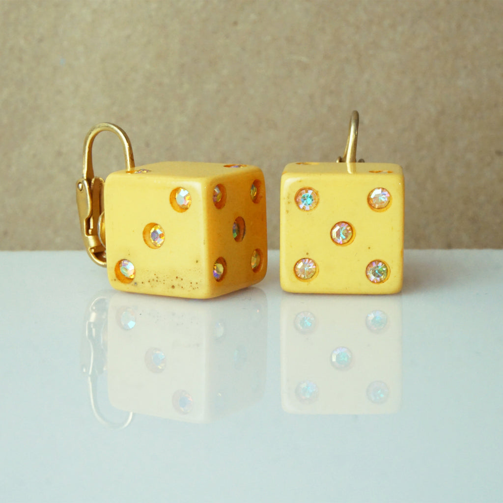 1980s Rare Vintage Dice Gold Tone Clip-on Earrings