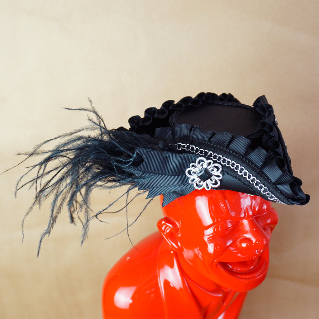 Black Mini Tricorne/ Tricorne/ Tri Corner Fascinator Hat with Feathers