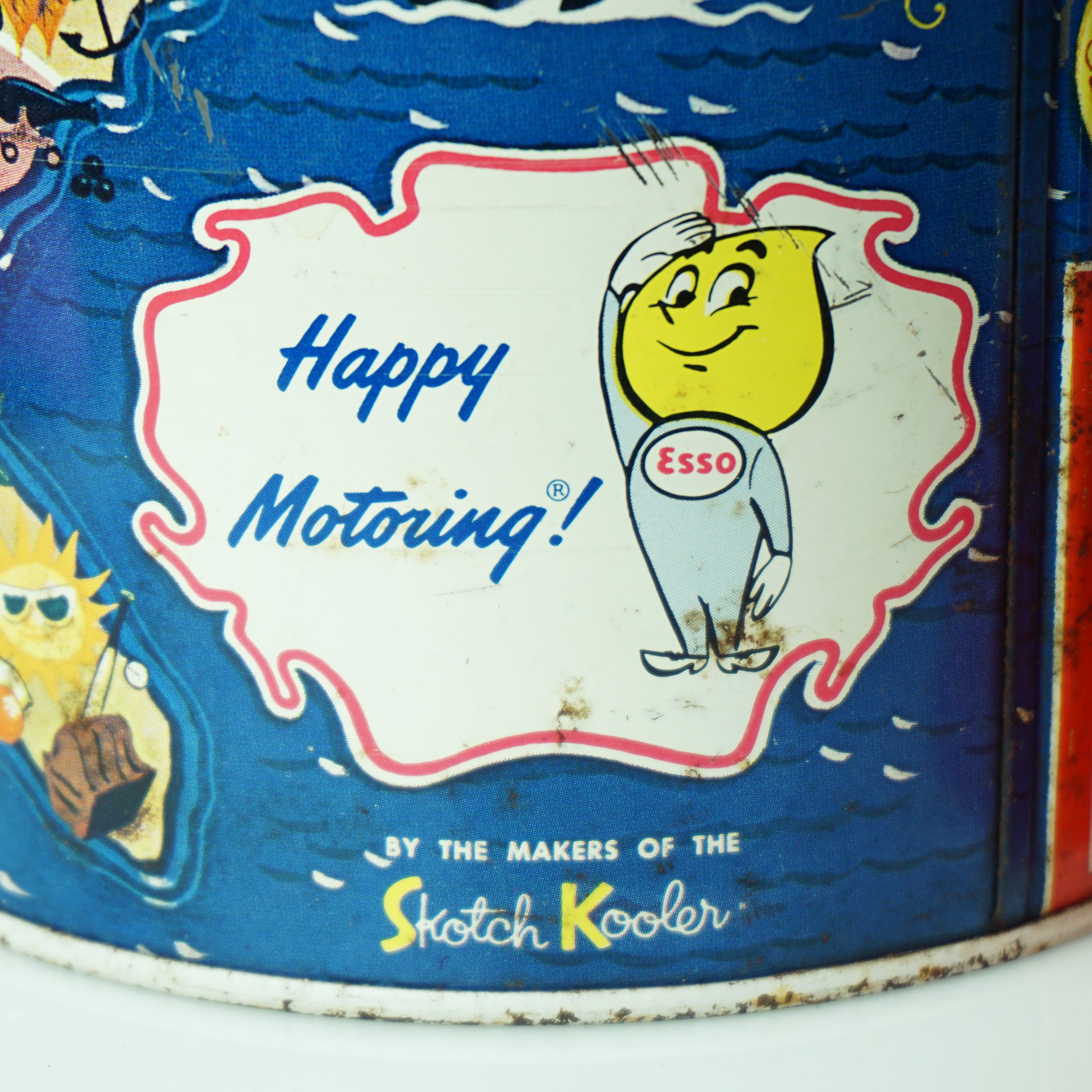 Vintage Tin SKOTCH KOOLER Thermos with ESSO Oil Advertising & Cartoon Map