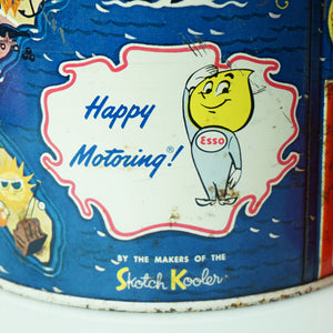 Vintage Tin SKOTCH KOOLER Thermos with ESSO Oil Advertising & Cartoon Map