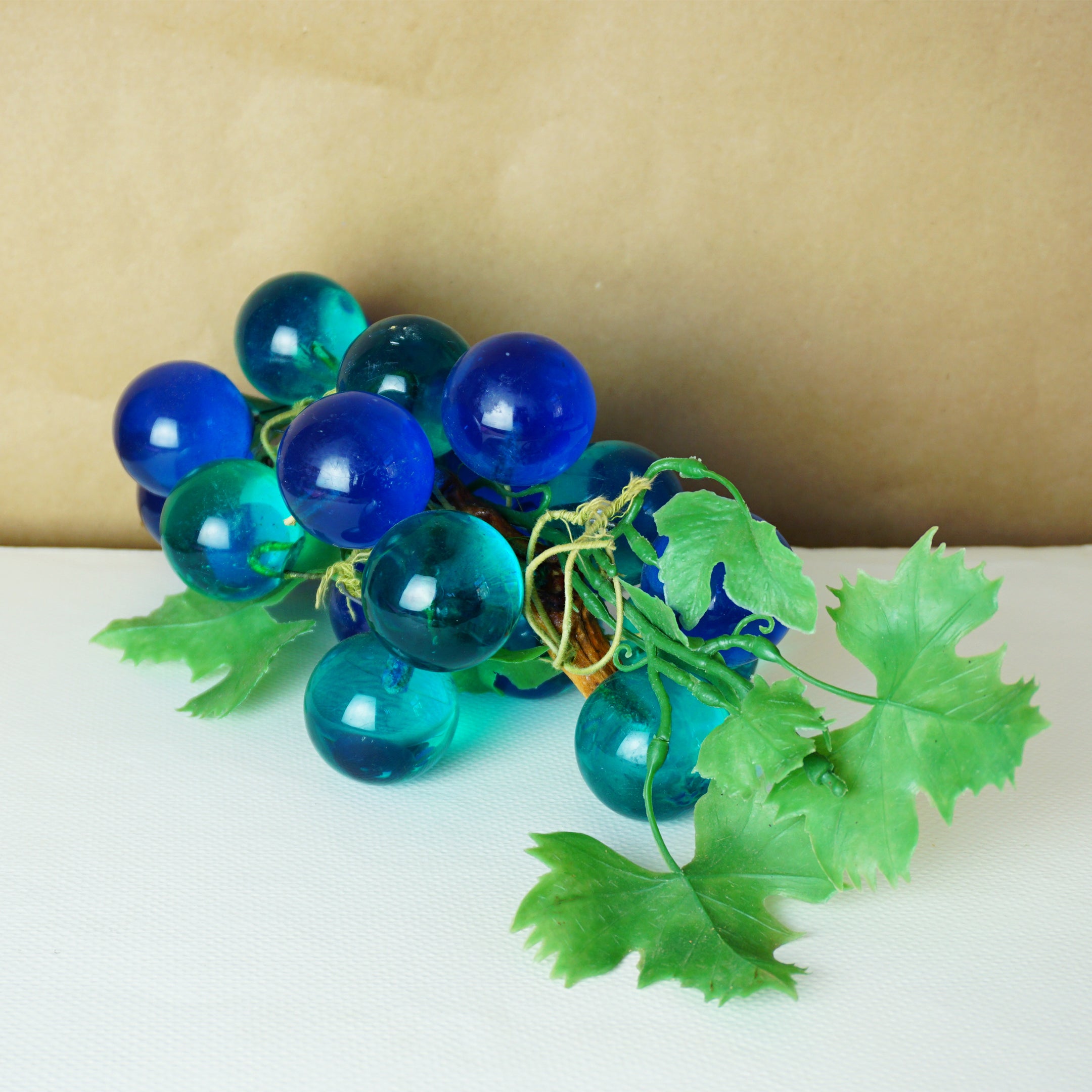 Mid-Century Vintage Blue and Aqua Lucite Grape Cluster Sculpture on Wood Branch