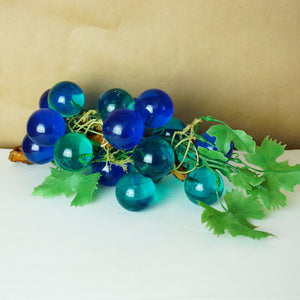 Mid-Century Vintage Blue and Aqua Lucite Grape Cluster Sculpture on Wood Branch