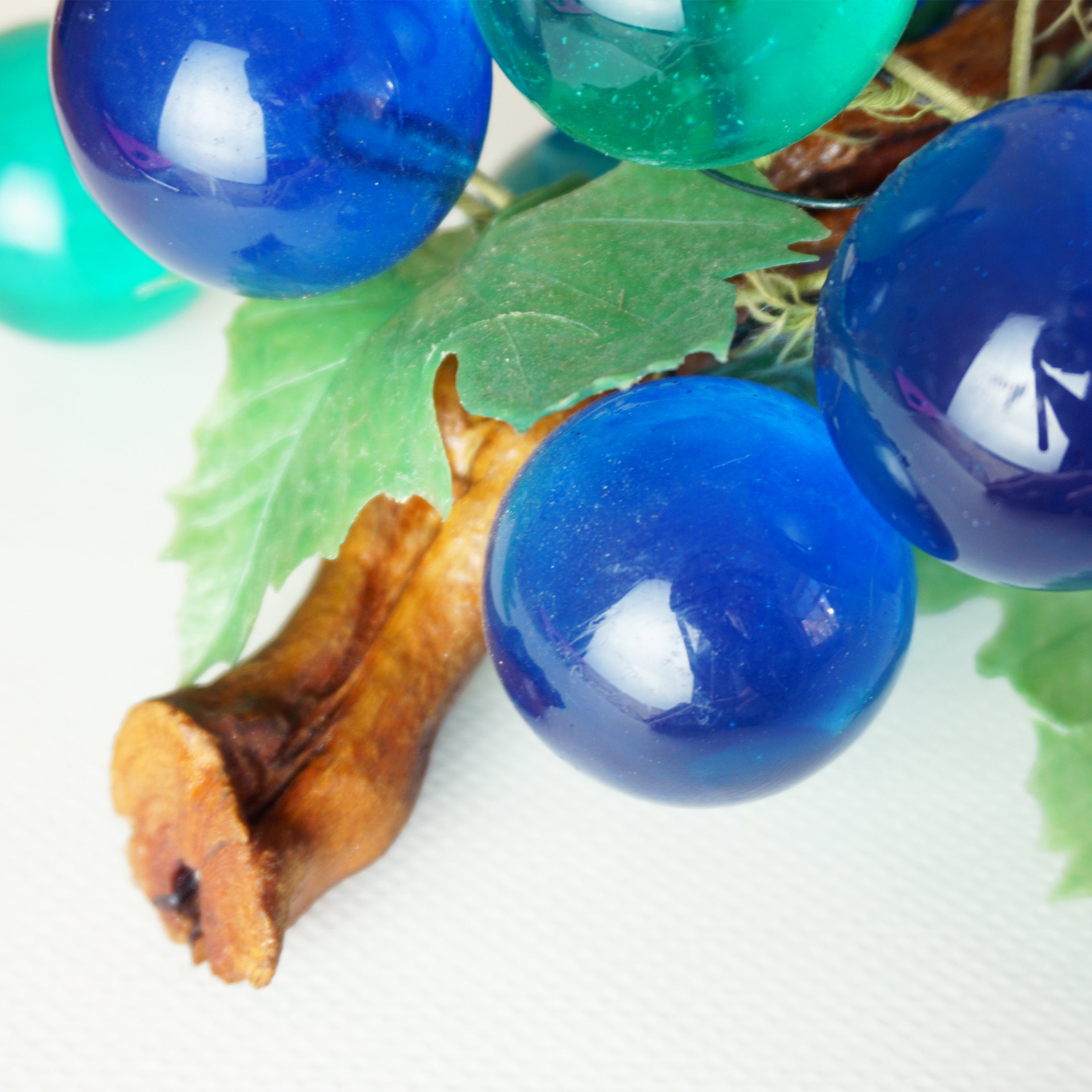 Mid-Century Vintage Blue and Aqua Lucite Grape Cluster Sculpture on Wood Branch