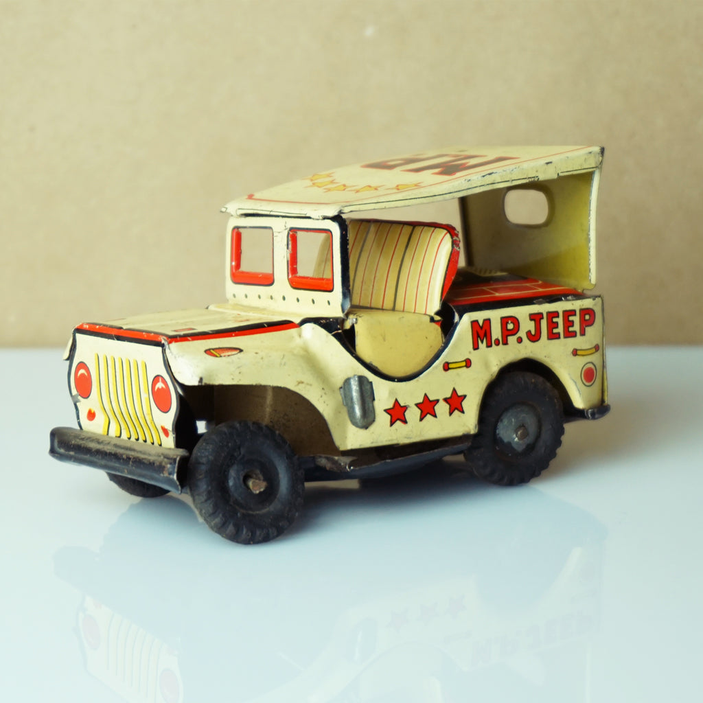 1950s Vintage Tin Litho S.S.S. JAPAN M.P. Jeep Friction Toy w/ Red Eagle and Stars