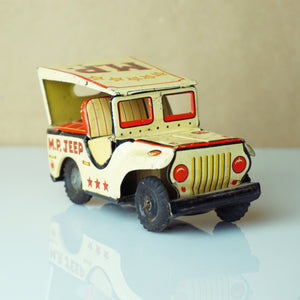 1950s Vintage Tin Litho S.S.S. JAPAN M.P. Jeep Friction Toy w/ Red Eagle and Stars