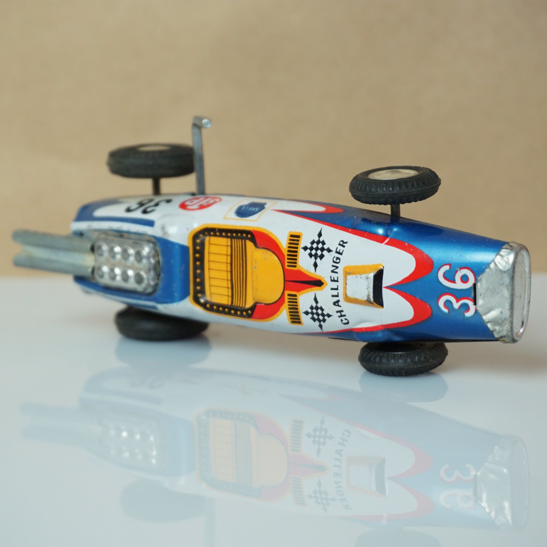 Vintage Tin Litho TAKATOKU (T.T Japan) Challenger Wind-up Indie Race Car #36