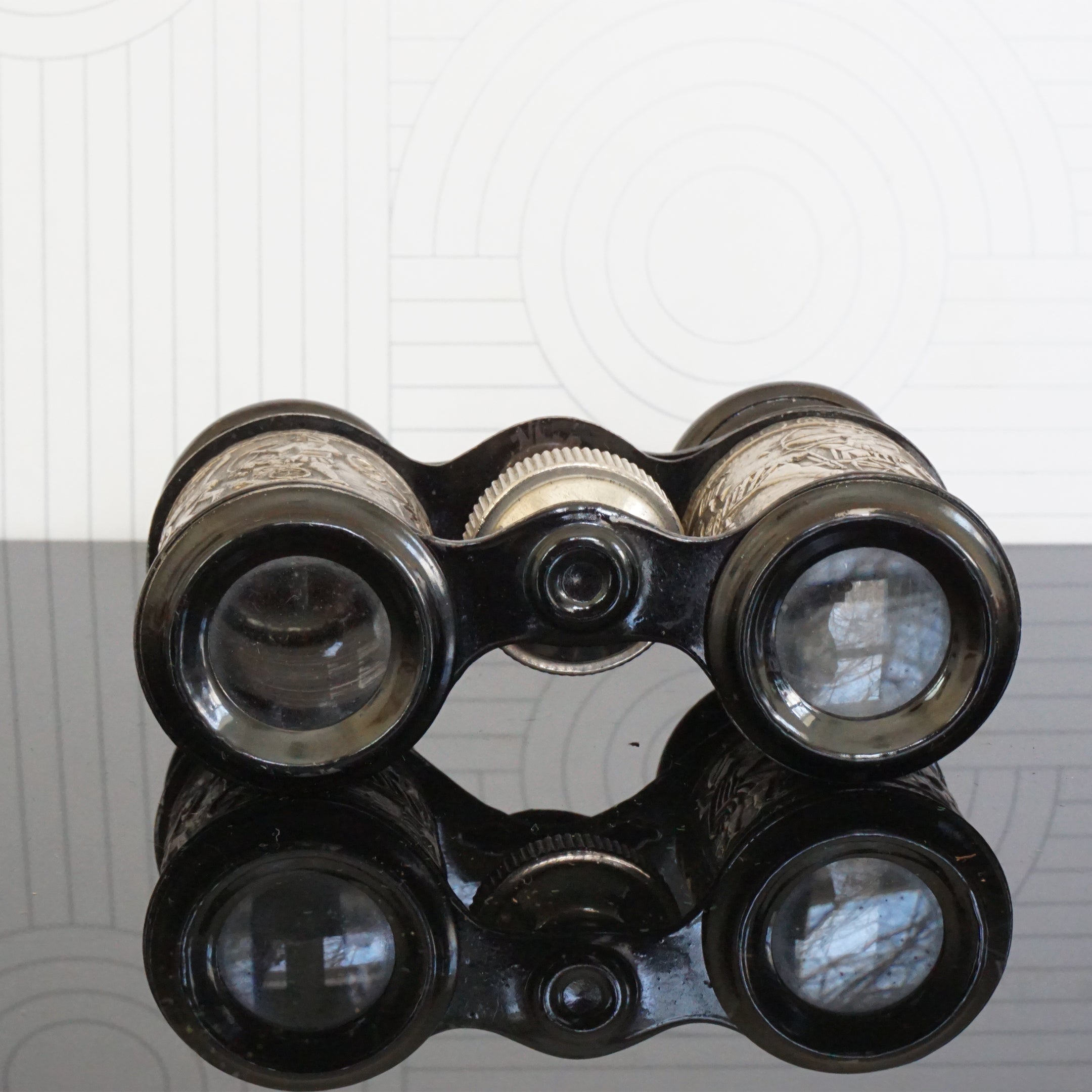 Antique Silver and Black Tone Binoculars/ Opera Glasses showing Ancient War