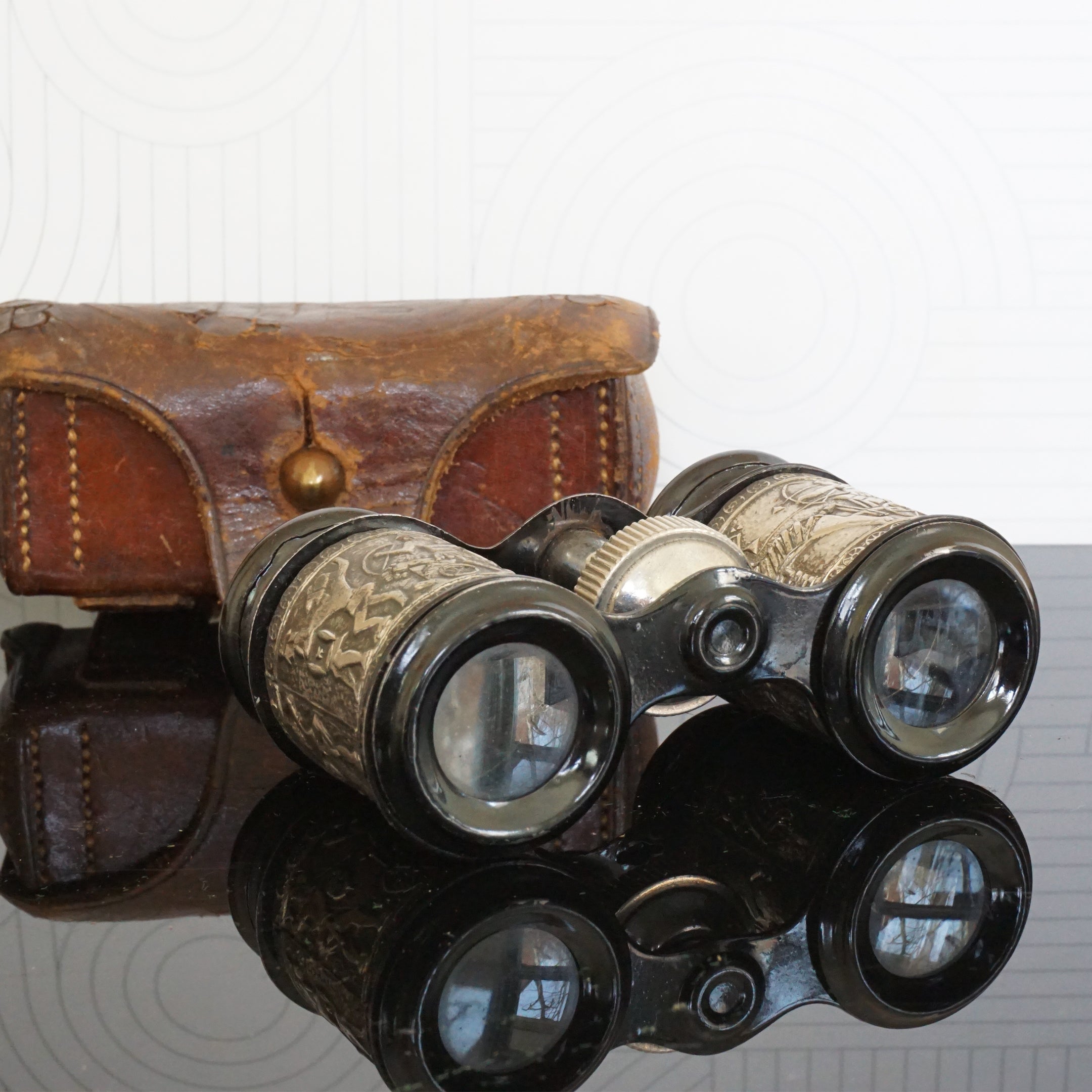 Antique Silver and Black Tone Binoculars/ Opera Glasses showing Ancient War