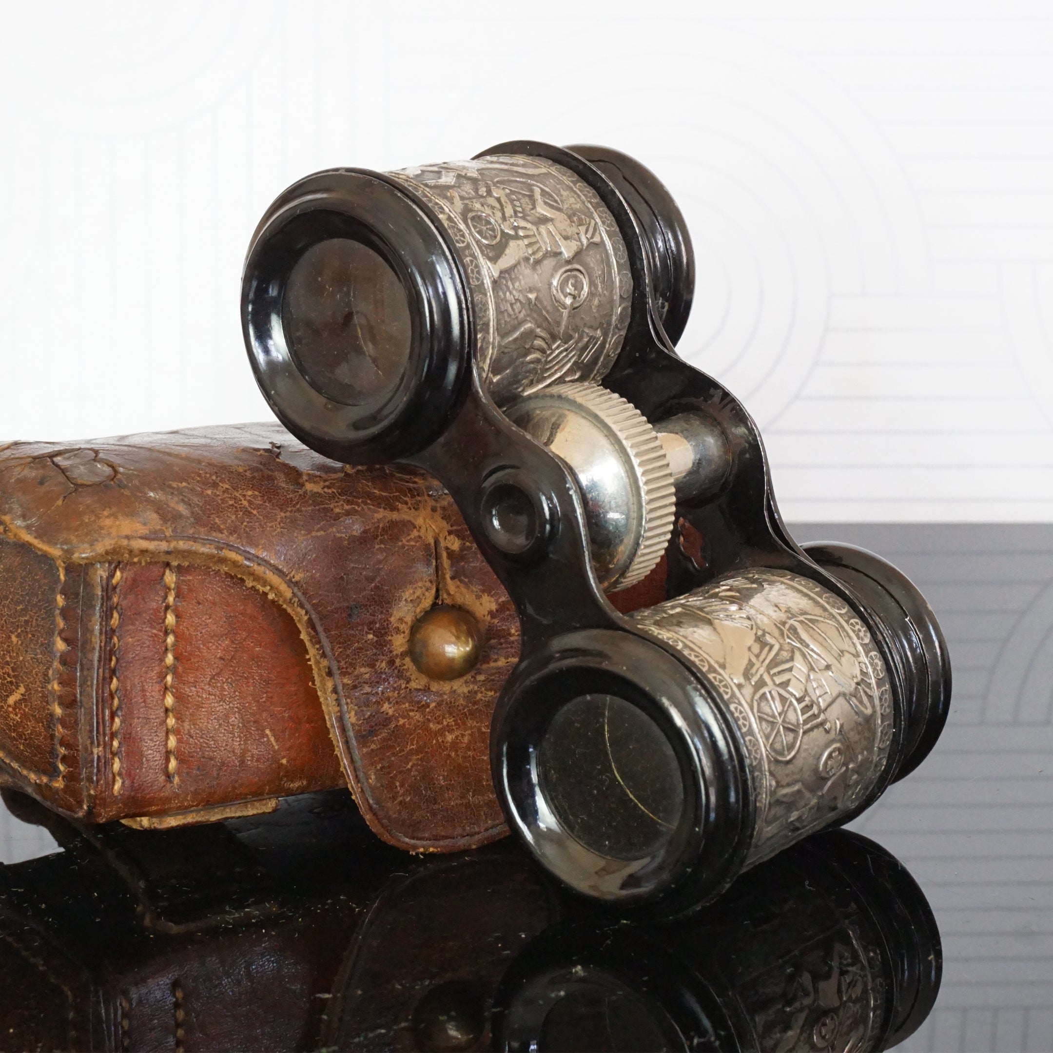 Antique Silver and Black Tone Binoculars/ Opera Glasses showing Ancient War