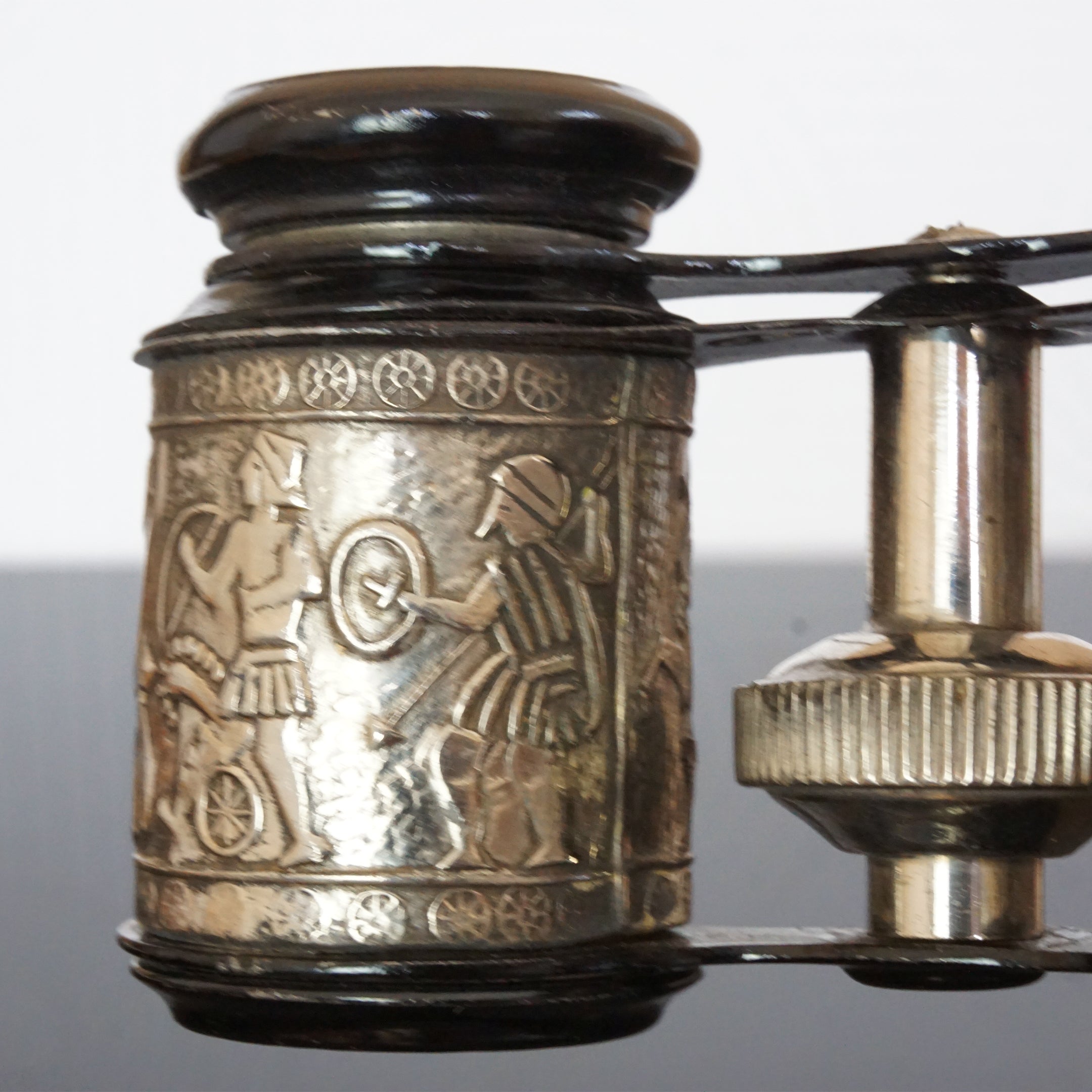 Antique Silver and Black Tone Binoculars/ Opera Glasses showing Ancient War