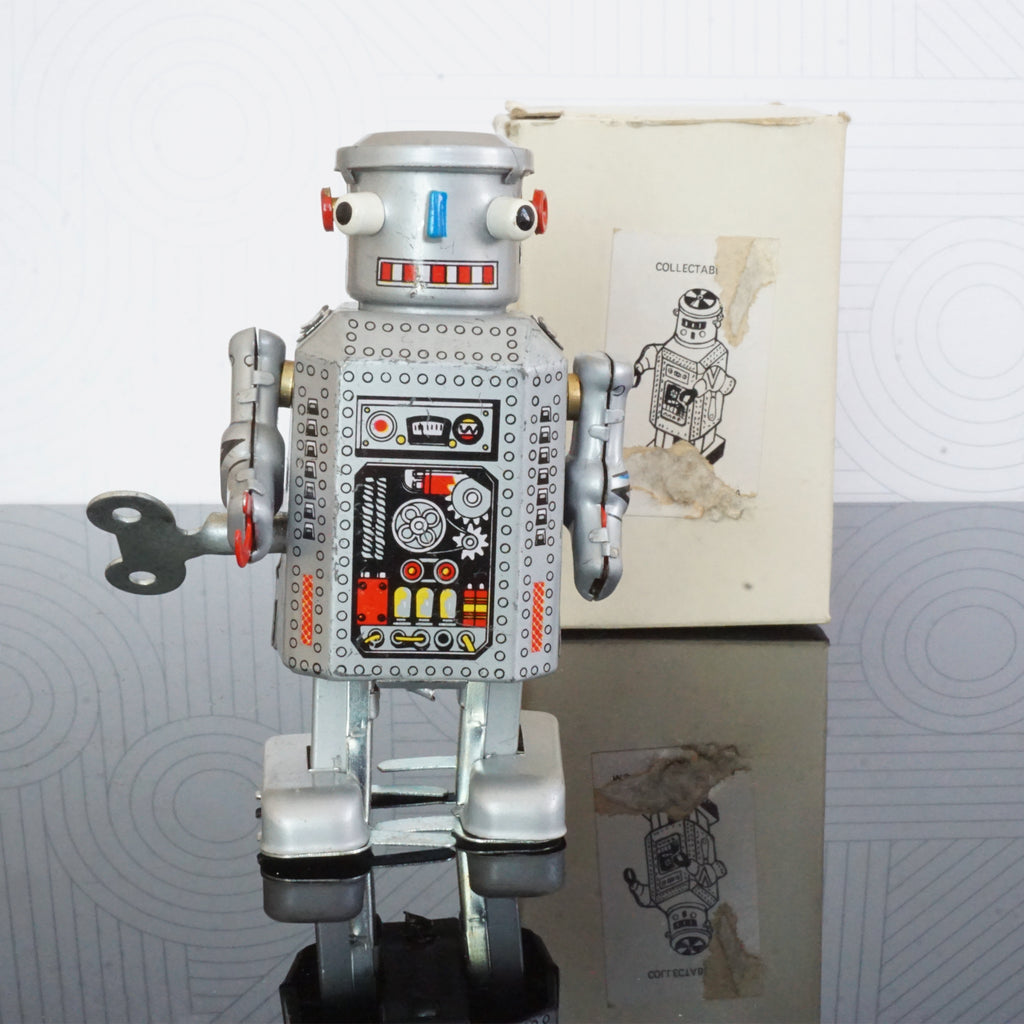 1970s Vintage Tin Litho Rare Windup Toy "Walking Robot" w Key in Box No. MS 249