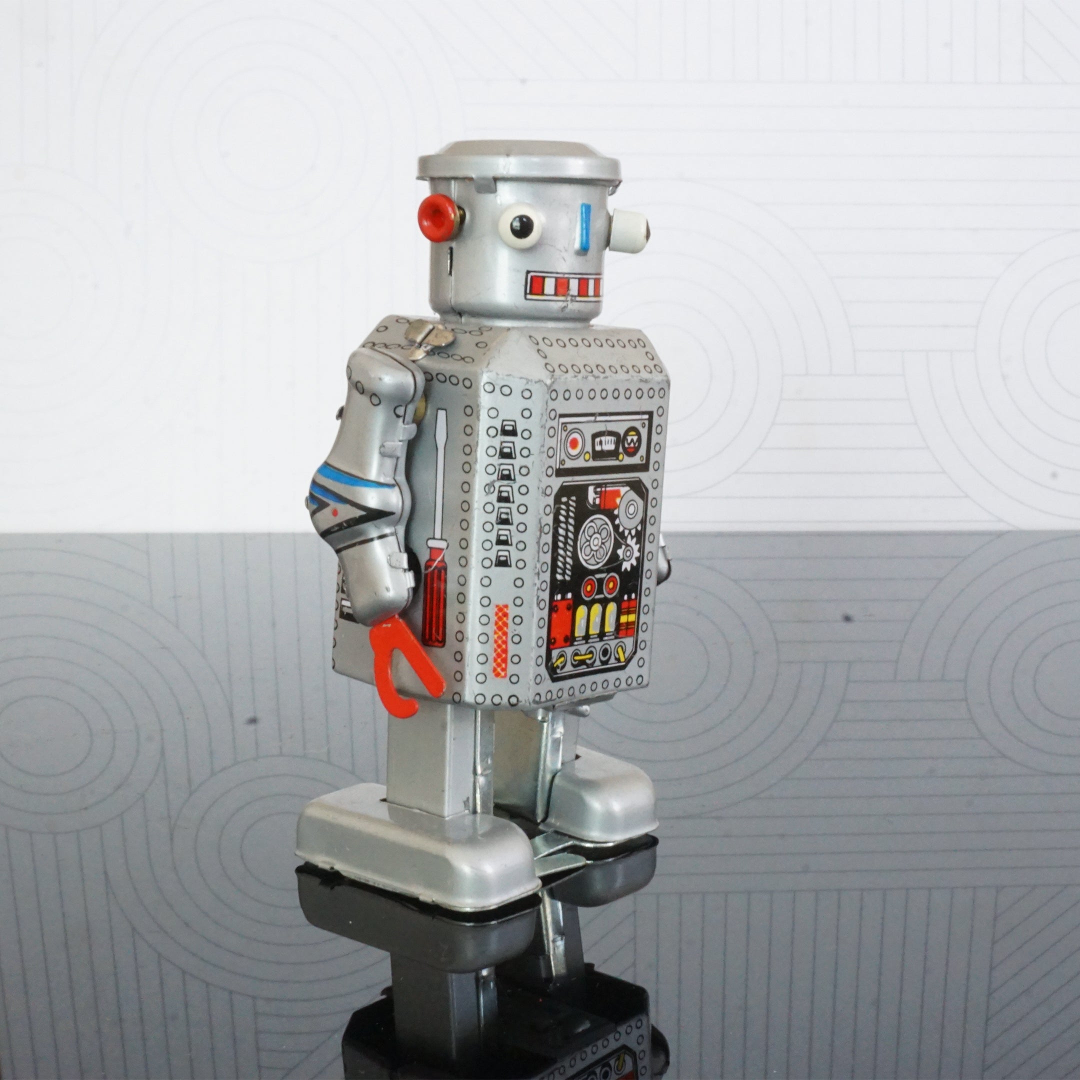 1970s Vintage Tin Litho Rare Windup Toy "Walking Robot" w Key in Box No. MS 249