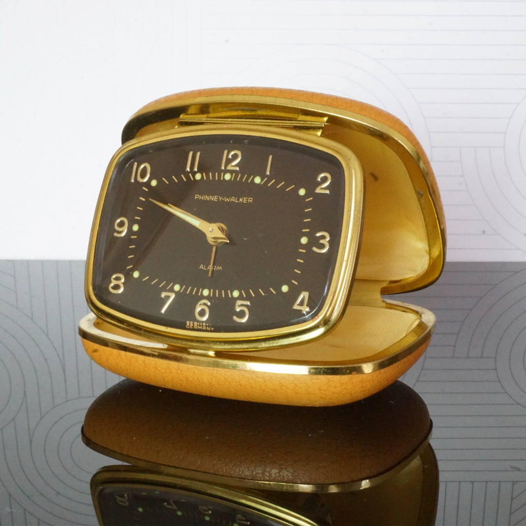 Vintage PHINNEY-WALKER Unique Gold Tone Travel Alarm Clock. Made in Germany.