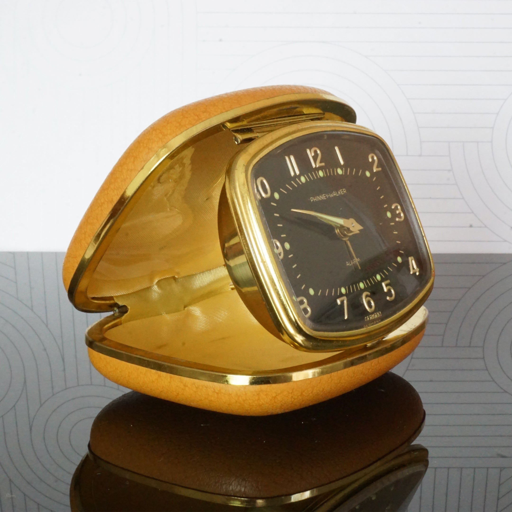 Vintage PHINNEY-WALKER Unique Gold Tone Travel Alarm Clock. Made in Germany.