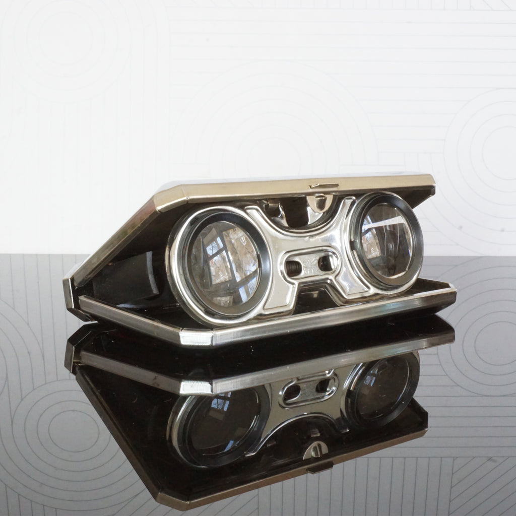 Vintage SPORT GLASS 3x 25mm Silver and Red Tone Folding Opera Glasses. Japan.