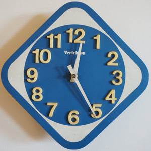1980s Vintage VERICHRON Blue and White Diamond Wooden Wall Clock. Japan.