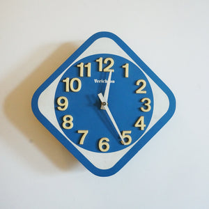 1980s Vintage VERICHRON Blue and White Diamond Wooden Wall Clock. Japan.