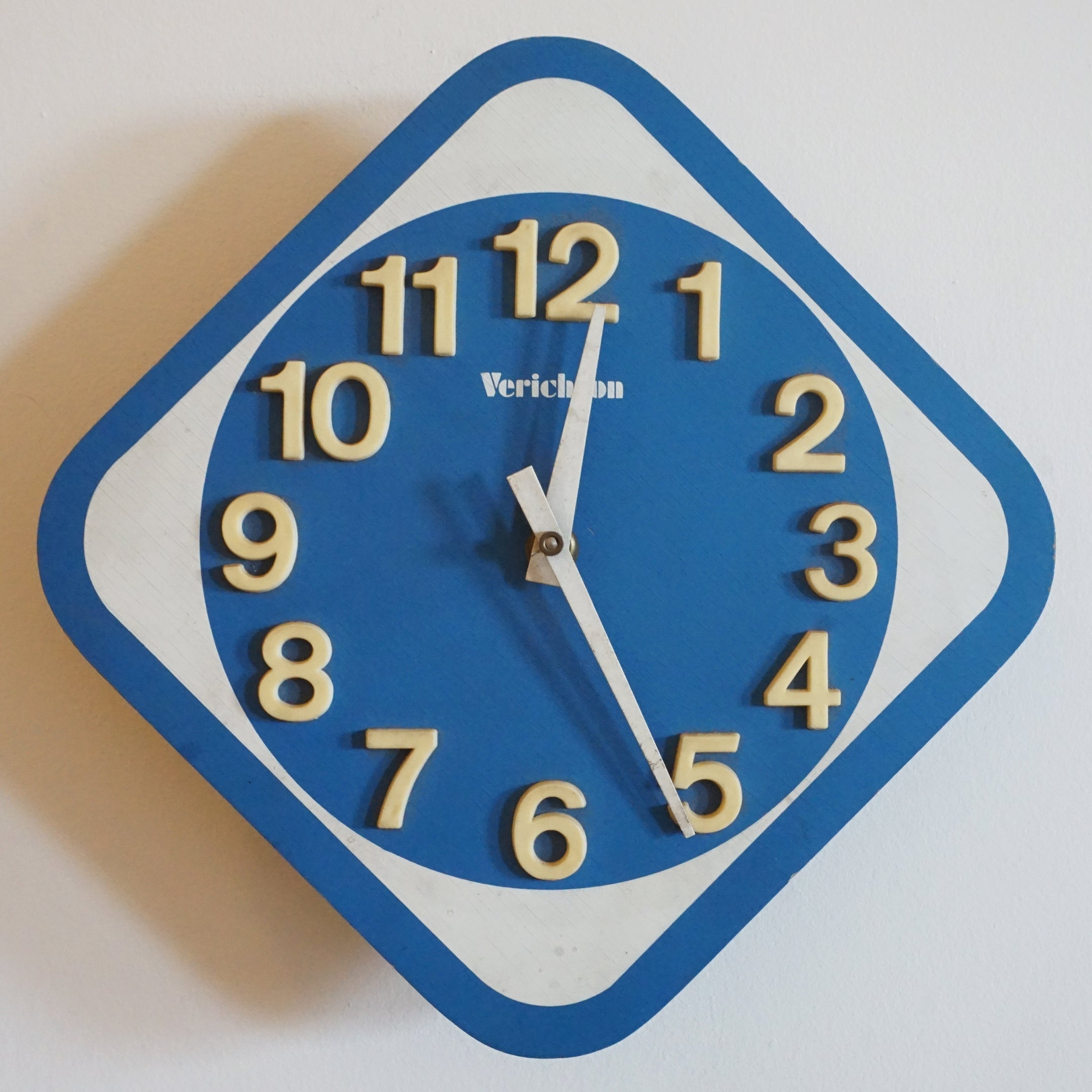 1980s Vintage VERICHRON Blue and White Diamond Wooden Wall Clock. Japan.