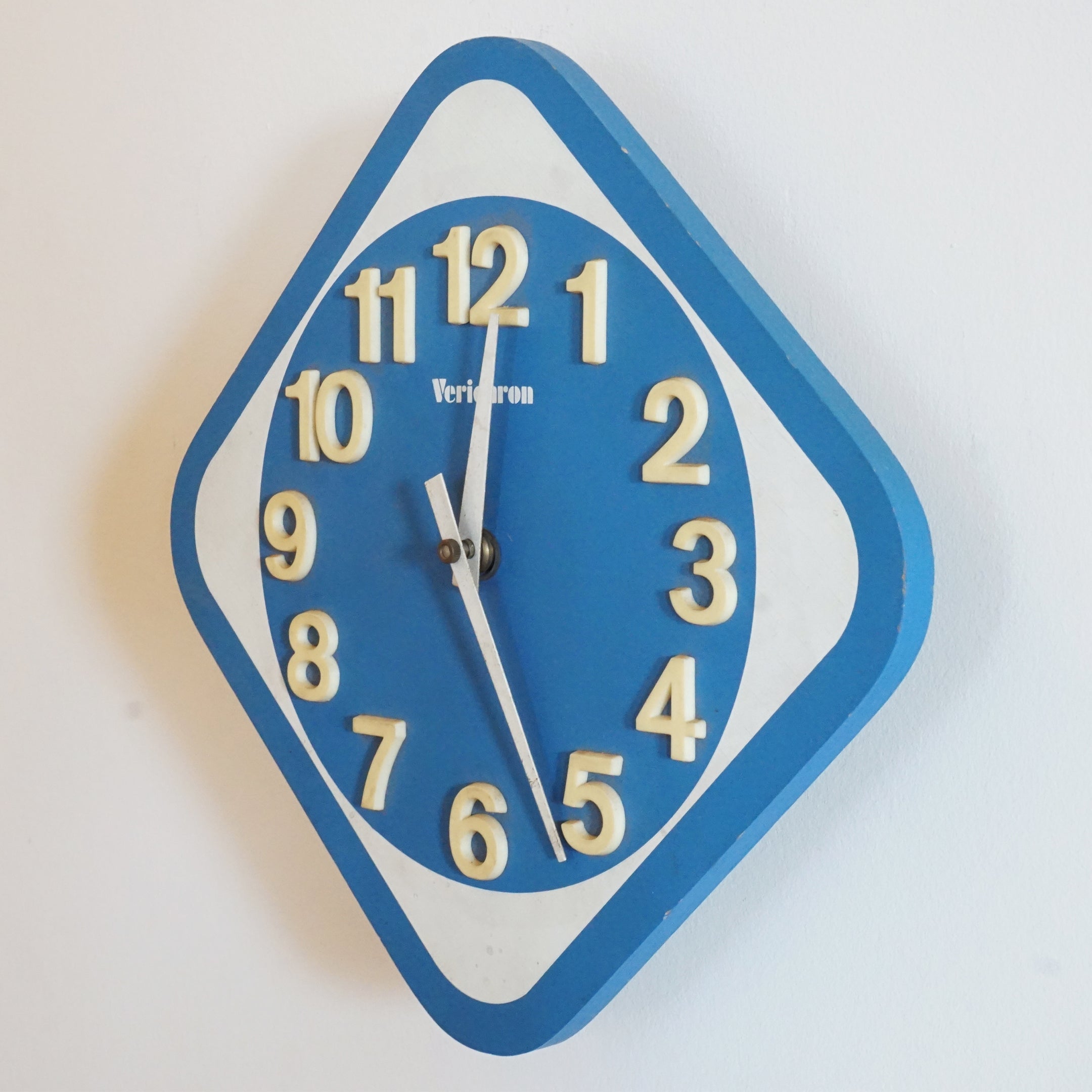 1980s Vintage VERICHRON Blue and White Diamond Wooden Wall Clock. Japan.